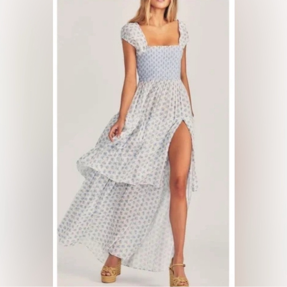 LoveShackFancy Blue and White High Low Dress